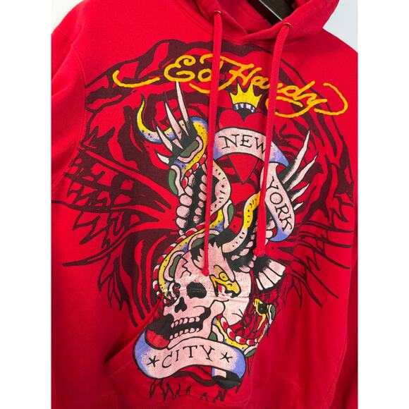Ed Hardy New York Hoodie Mens Red Eagle Snake Skull Pullover Red Sz L - Picture 2 of 11